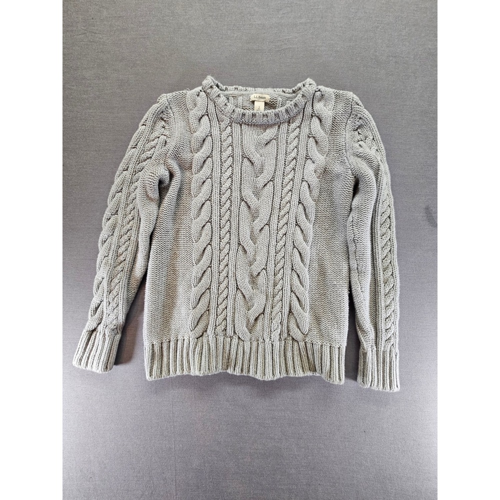 LL Bean Signature Cotton Fisherman Sweater Gray Cable Knit Crewneck Small Petite